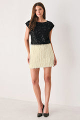 CREAM FEATHERLIGHT EYELASH FRINGE MINI SKIRT - Flying Tomato - Flyclothing LLC