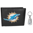 Miami Dolphins Leather Bi-fold Wallet & Steel Key Chain