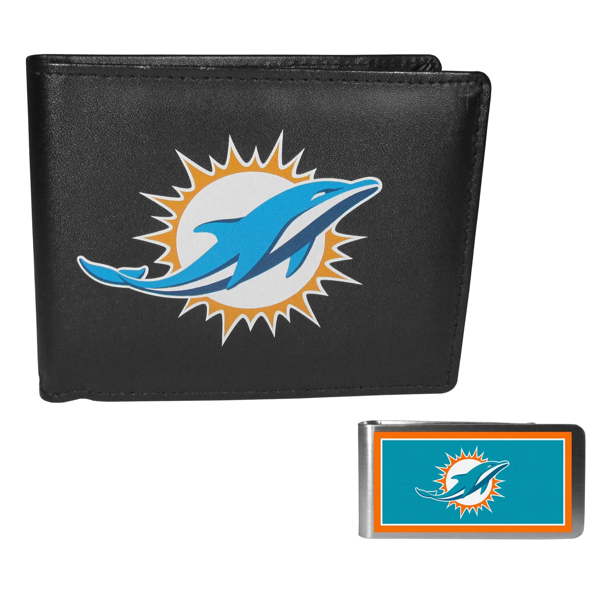 Miami Dolphins Leather Bi-fold Wallet & Color Money Clip - Miami Dolphins - Flyclothing LLC