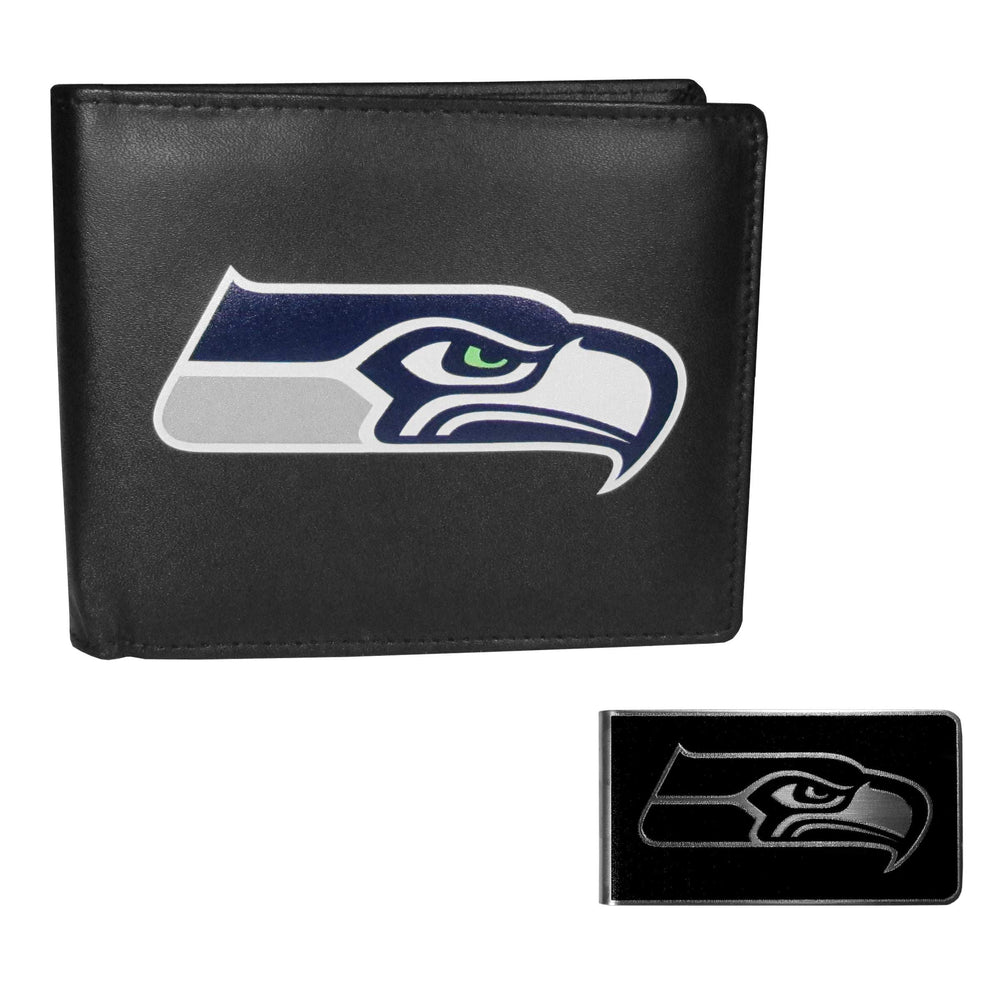 Seattle Seahawks Leather Bi-fold Wallet & Black Money Clip - Seattle Seahawks - Flyclothing LLC