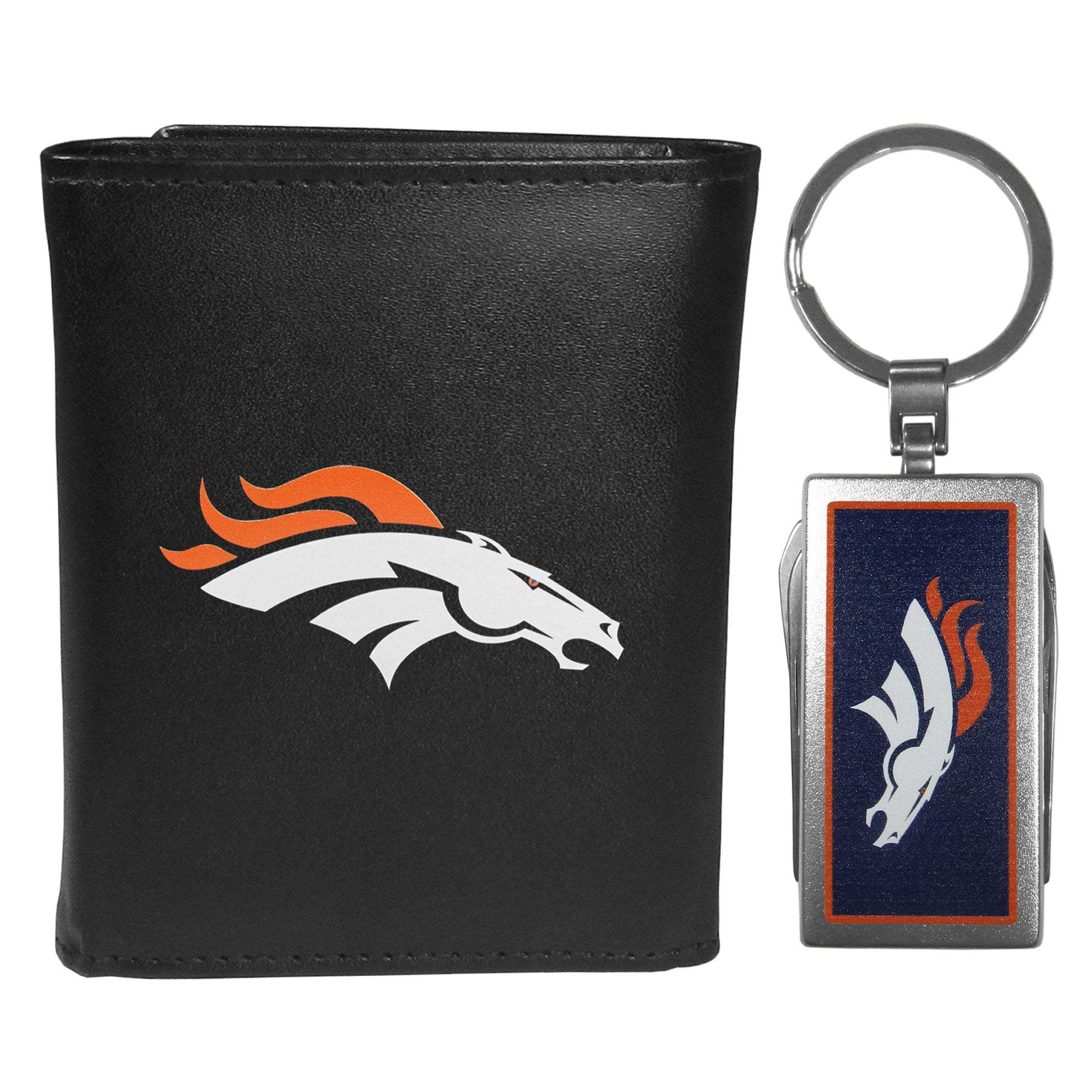 Denver Broncos Leather Tri-fold Wallet & Multitool Key Chain, Black - Denver Broncos - Flyclothing LLC