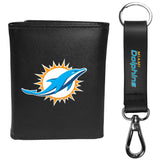 Miami Dolphins Leather Tri-fold Wallet & Strap Key Chain - Miami Dolphins