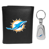 Miami Dolphins Leather Tri-fold Wallet & Steel Key Chain - Miami Dolphins