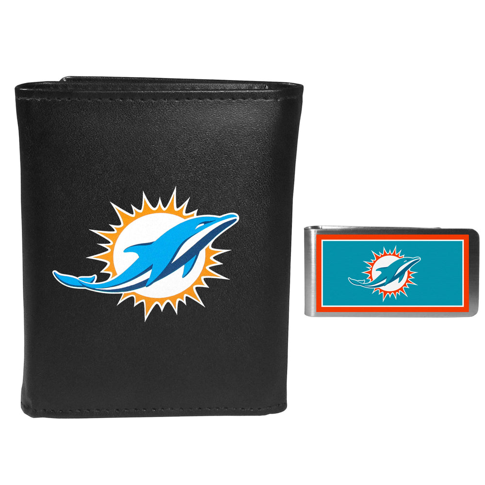 Miami Dolphins Leather Tri-fold Wallet & Color Money Clip - Miami Dolphins