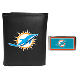 Miami Dolphins Leather Tri-fold Wallet & Color Money Clip - Miami Dolphins