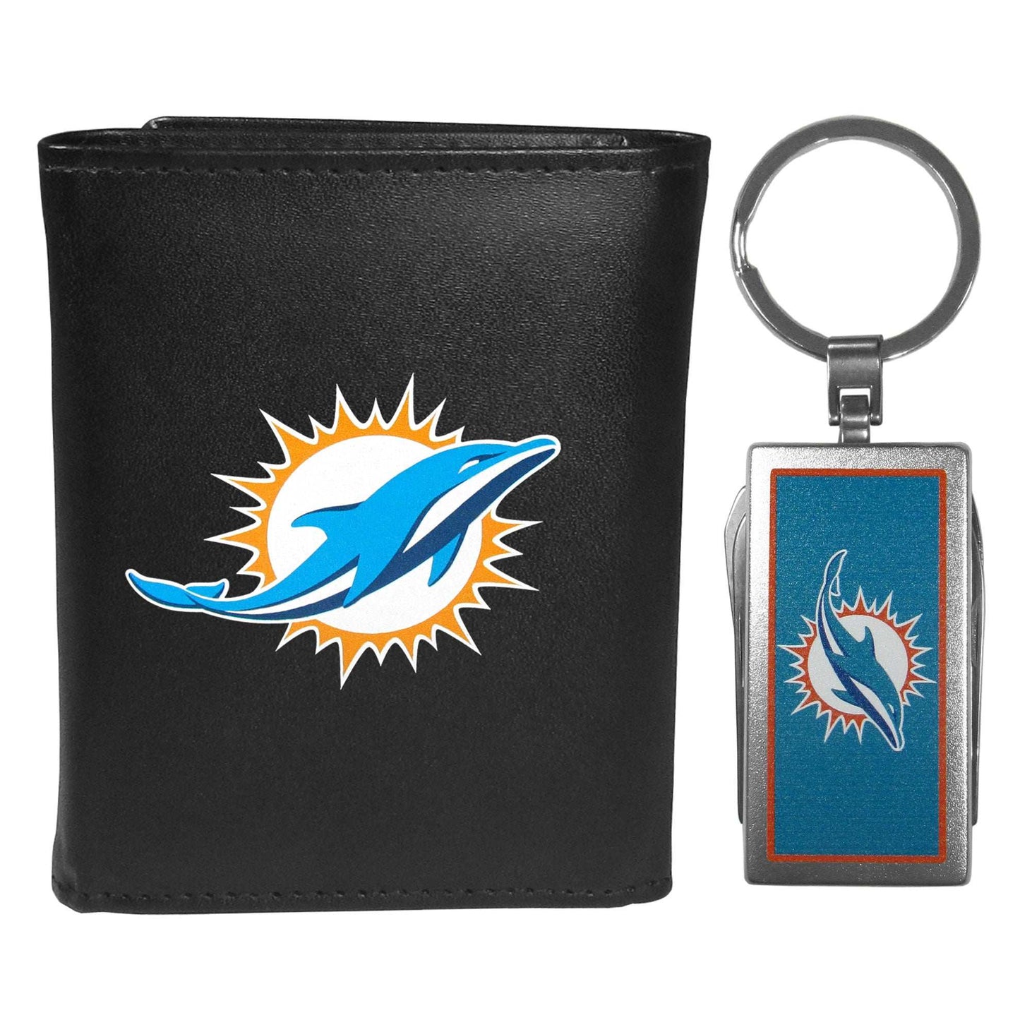 Miami Dolphins Leather Tri-fold Wallet & Multitool Key Chain, Black - Miami Dolphins - Flyclothing LLC