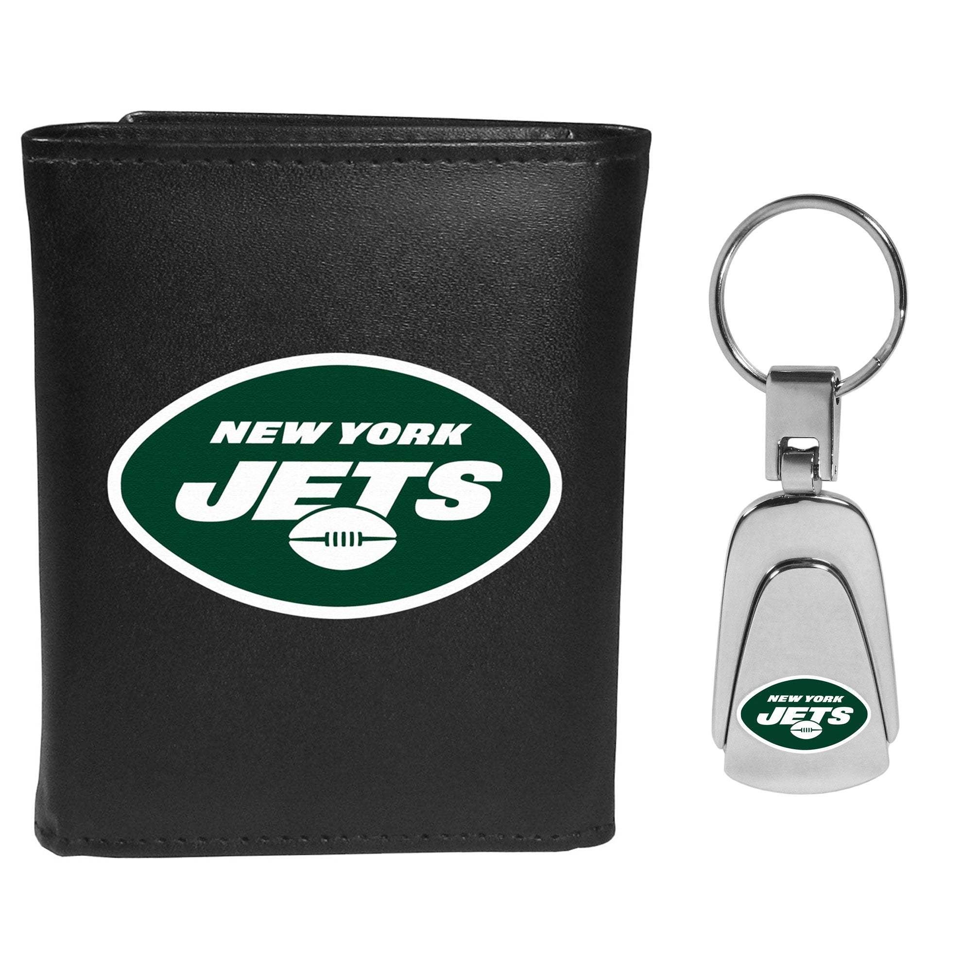New York Jets Leather Tri-fold Wallet & Steel Key Chain - New York Jets - Flyclothing LLC
