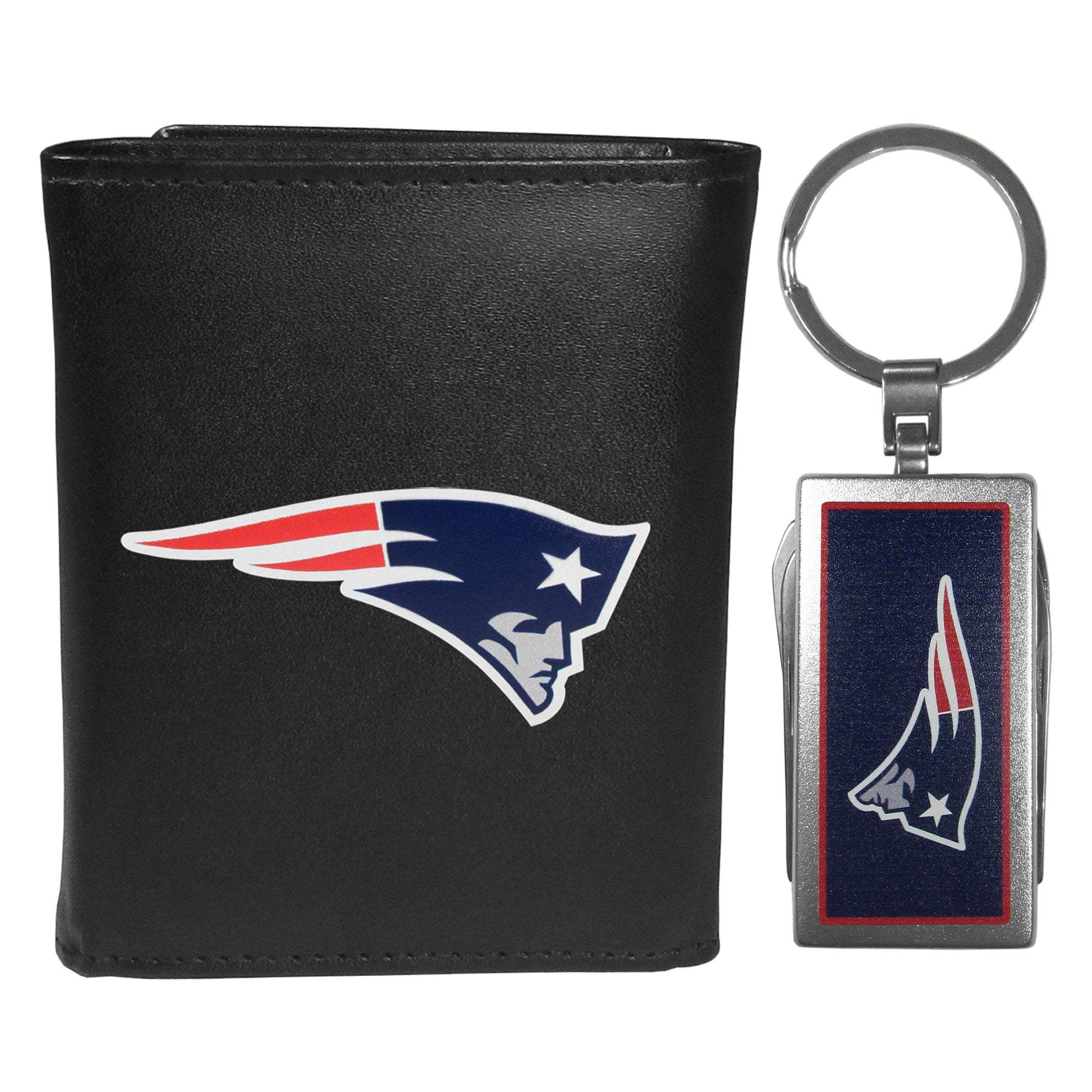 New England Patriots Leather Tri-fold Wallet & Multitool Key Chain, Black - New England Patriots - Flyclothing LLC