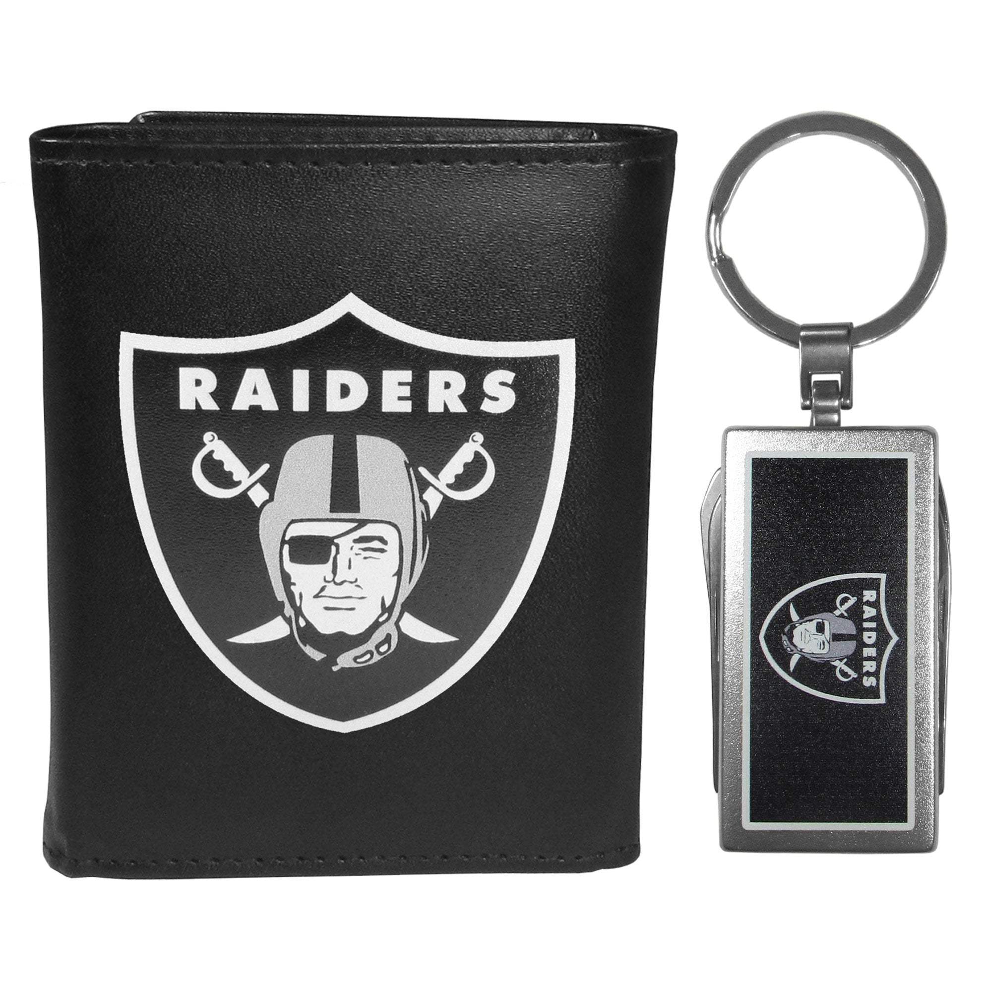 Las Vegas Raiders Leather Tri-fold Wallet & Multitool Key Chain, Black - Las Vegas Raiders - Flyclothing LLC