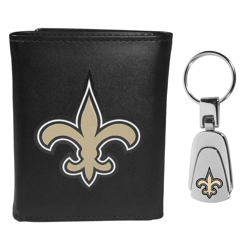 New Orleans Saints Leather Tri-fold Wallet & Steel Key Chain - New Orleans Saints
