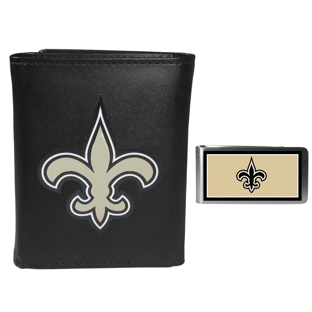 New Orleans Saints Leather Tri-fold Wallet & Color Money Clip - New Orleans Saints