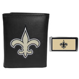 New Orleans Saints Leather Tri-fold Wallet & Color Money Clip - New Orleans Saints