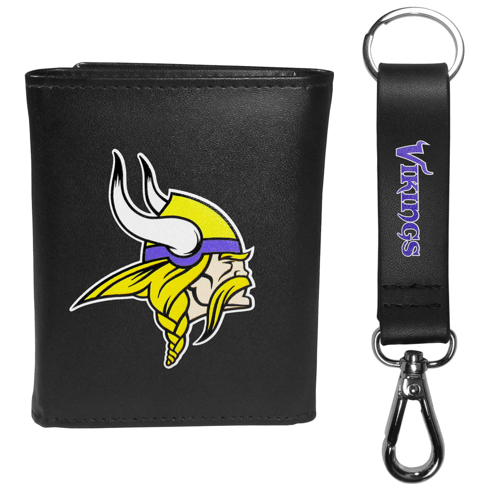 Minnesota Vikings Leather Tri-fold Wallet & Strap Key Chain - Minnesota Vikings