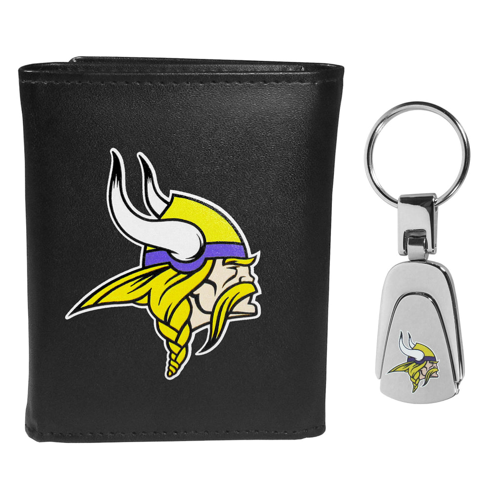 Minnesota Vikings Leather Tri-fold Wallet & Steel Key Chain - Minnesota Vikings