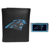 Carolina Panthers Leather Tri-fold Wallet & Color Money Clip - Carolina Panthers