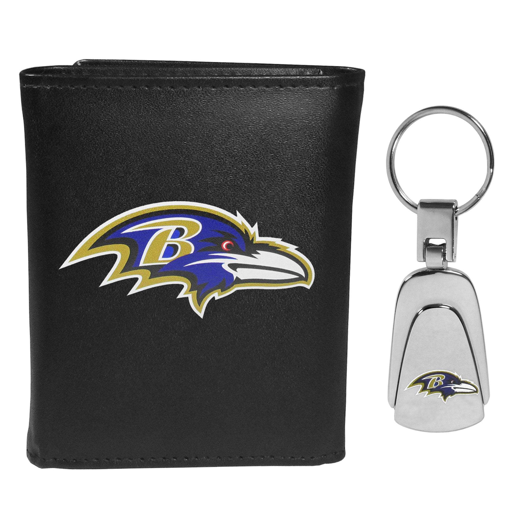 Baltimore Ravens Leather Tri-fold Wallet & Steel Key Chain - Baltimore Ravens - Flyclothing LLC