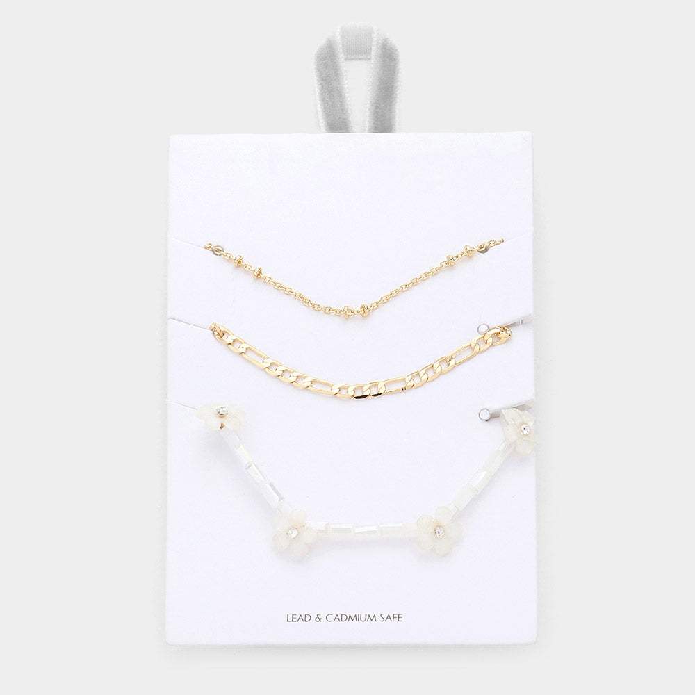 3PCS - Metal Chain Flower Accented Beaded Necklaces - Madeline Love - Flyclothing LLC