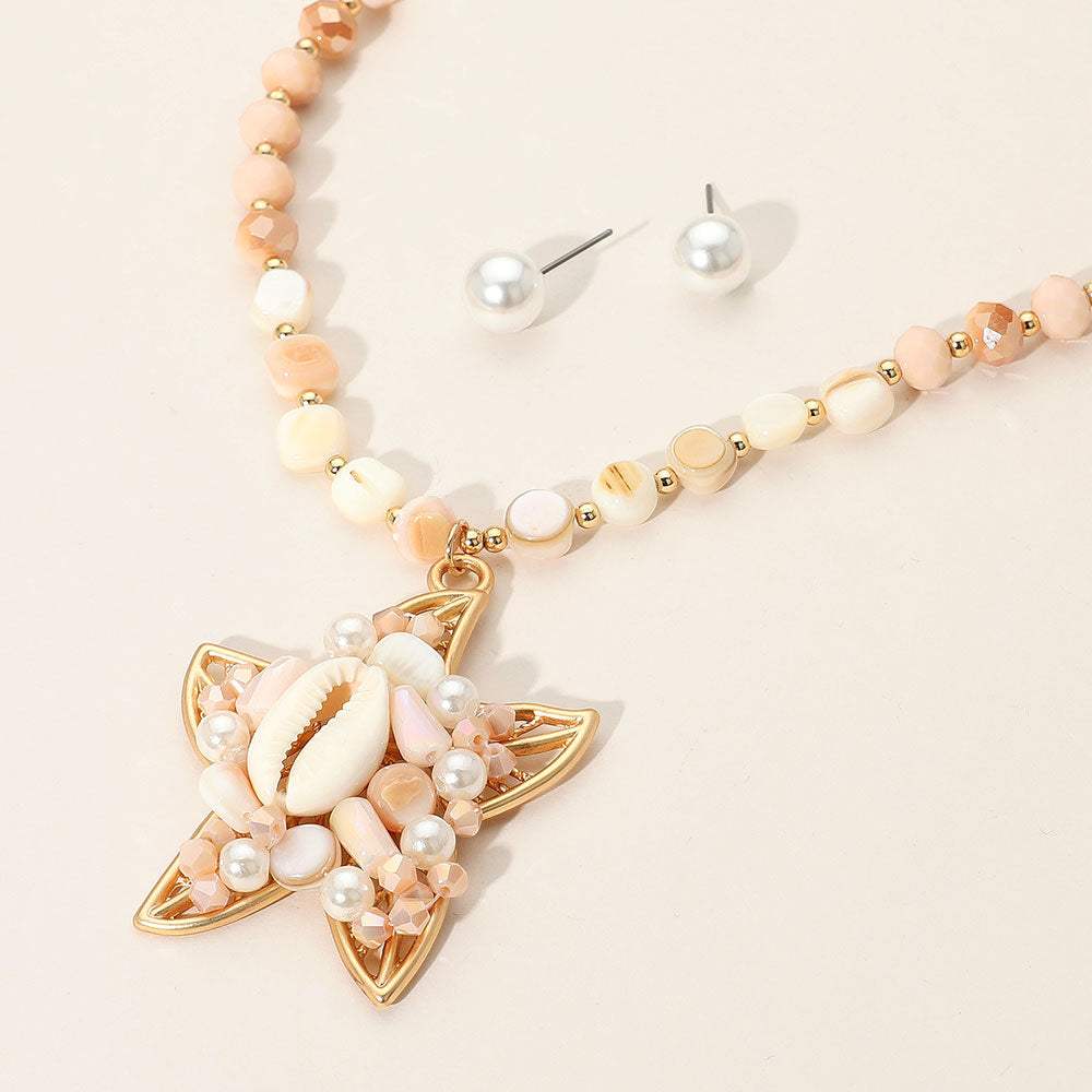 Pearl Sea Shell Beaded Starfish Pendant Statement Necklace - Madeline Love - Flyclothing LLC