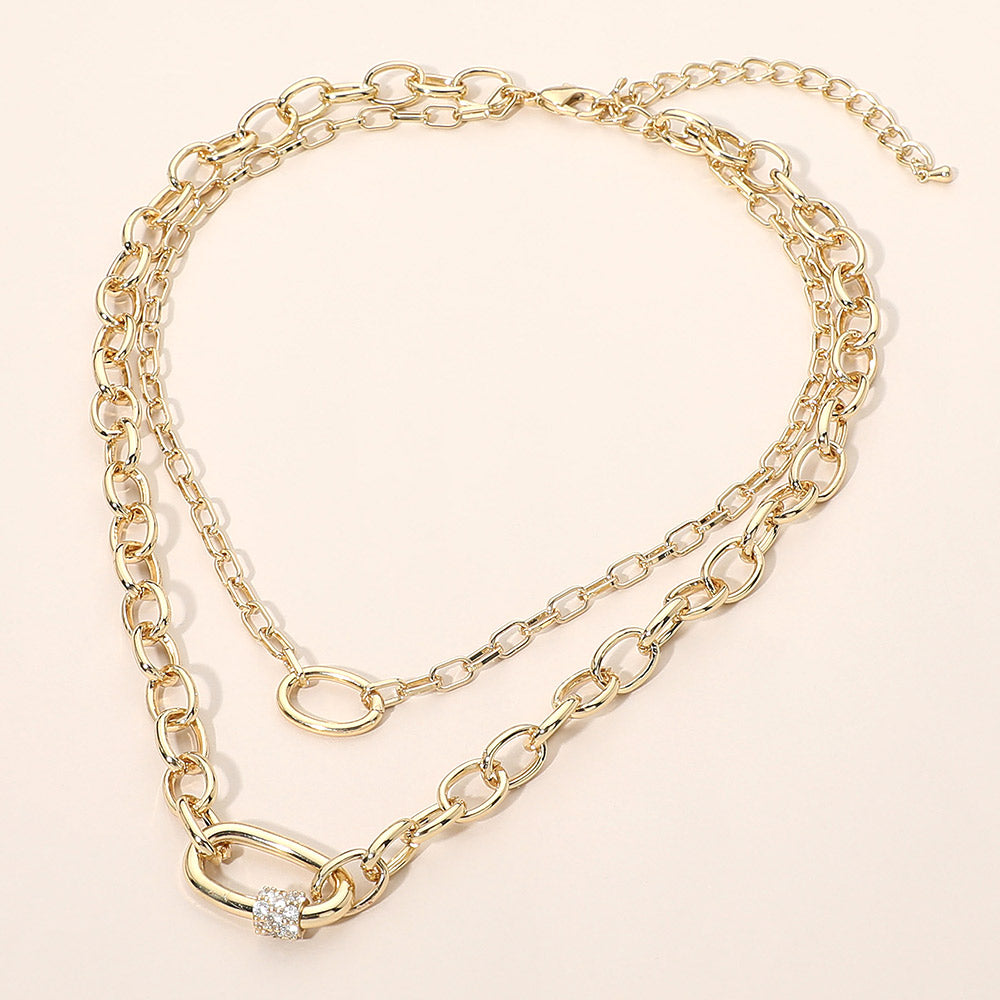 CZ Pave Carabiner Pendant Accent Chunky Layered Chain Necklace