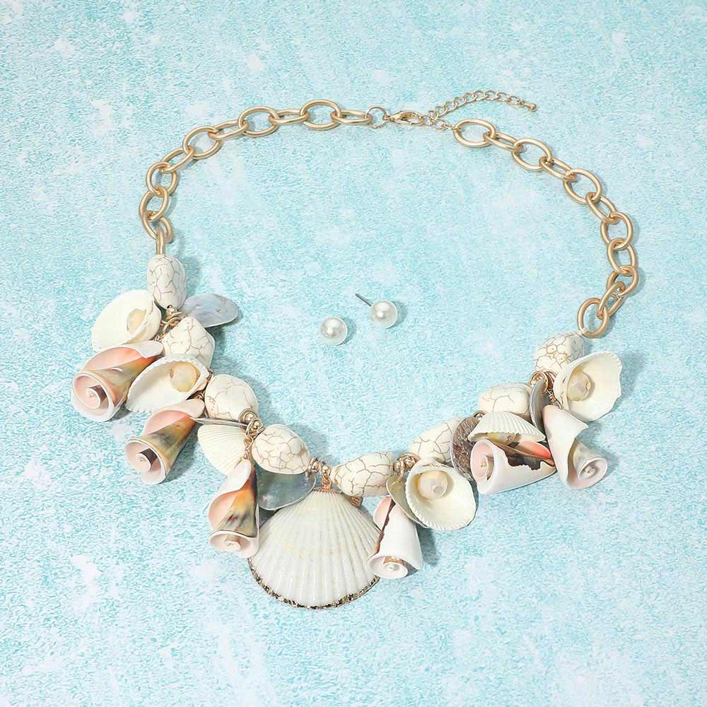 Seashell Charm Beaded Statement Necklace - Madeline Love - Flyclothing LLC