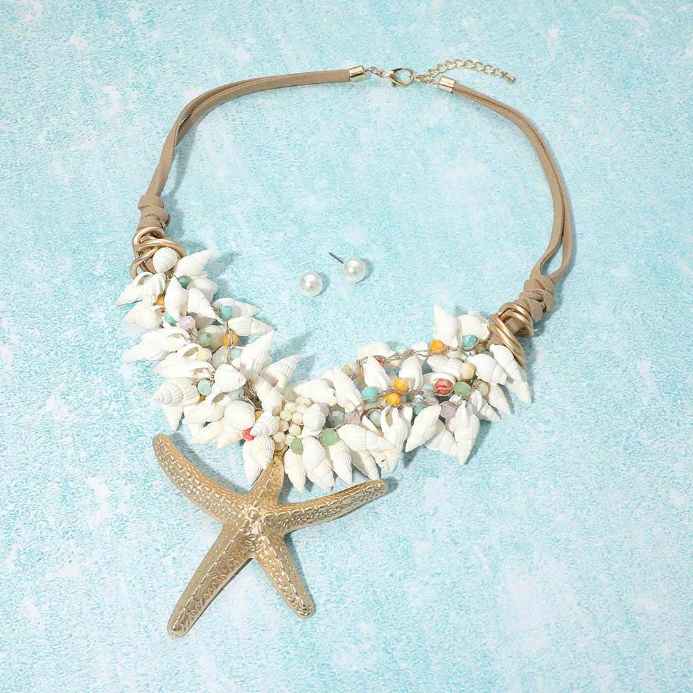Bold Starfish Pendant Accent Shell Beaded Cord Statement Necklace - Madeline Love - Flyclothing LLC