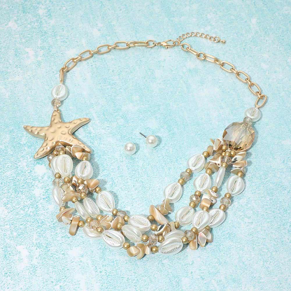 Bold Starfish Charm Pearl Shell Beaded Layered Statement Necklace - Madeline Love - Flyclothing LLC