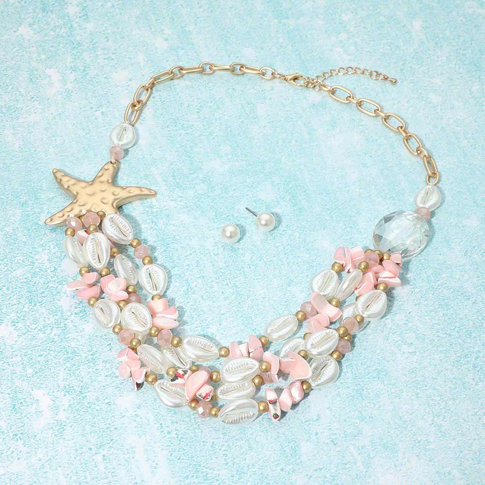 Bold Starfish Charm Pearl Shell Beaded Layered Statement Necklace - Madeline Love - Flyclothing LLC