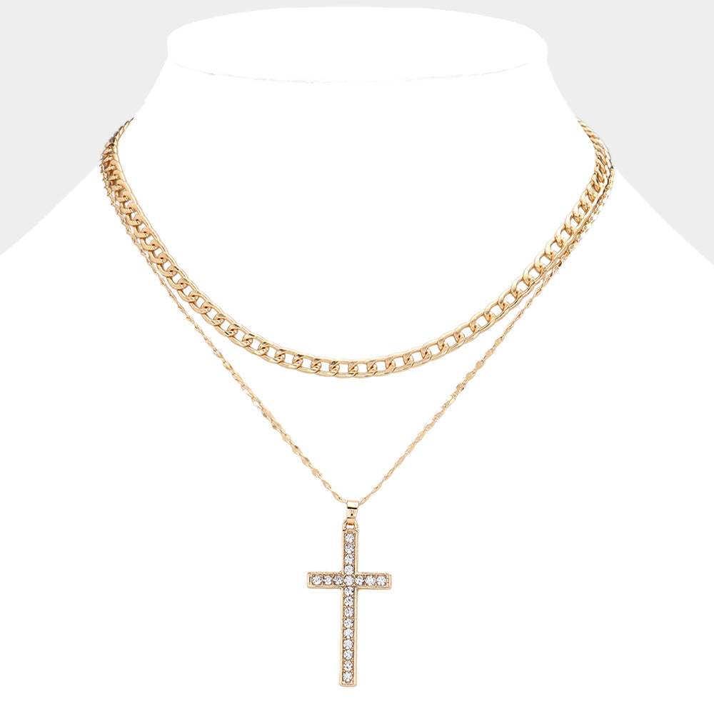 Gold Dipped Stone Paved Cross Pendant Cuban Chain Layered Necklace - Madeline Love - Flyclothing LLC