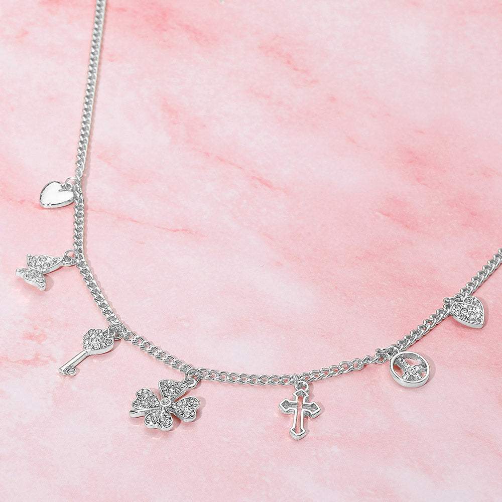 Silver Dipped Clover Heart Cross Key Charm Station Necklace - Madeline Love - Flyclothing LLC