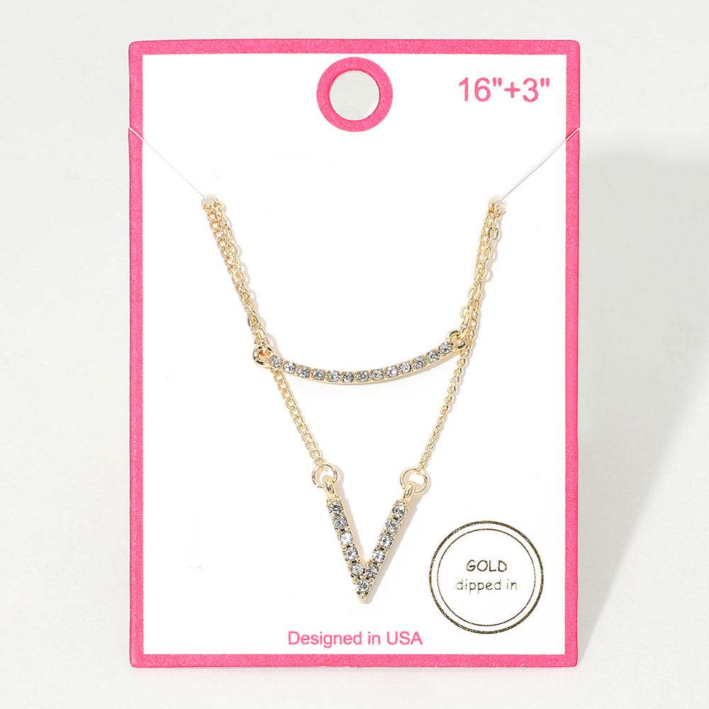Gold Dipped Rhinestone Pave V Bar Pendant Layered Necklace - Madeline Love - Flyclothing LLC