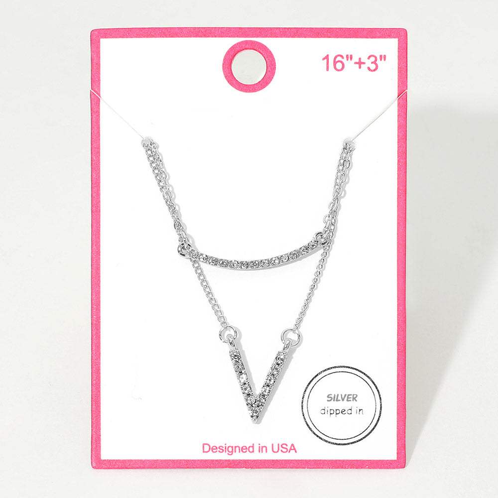 Silver Dipped Rhinestone Pave V Bar Pendant Layered Necklace - Madeline Love - Flyclothing LLC