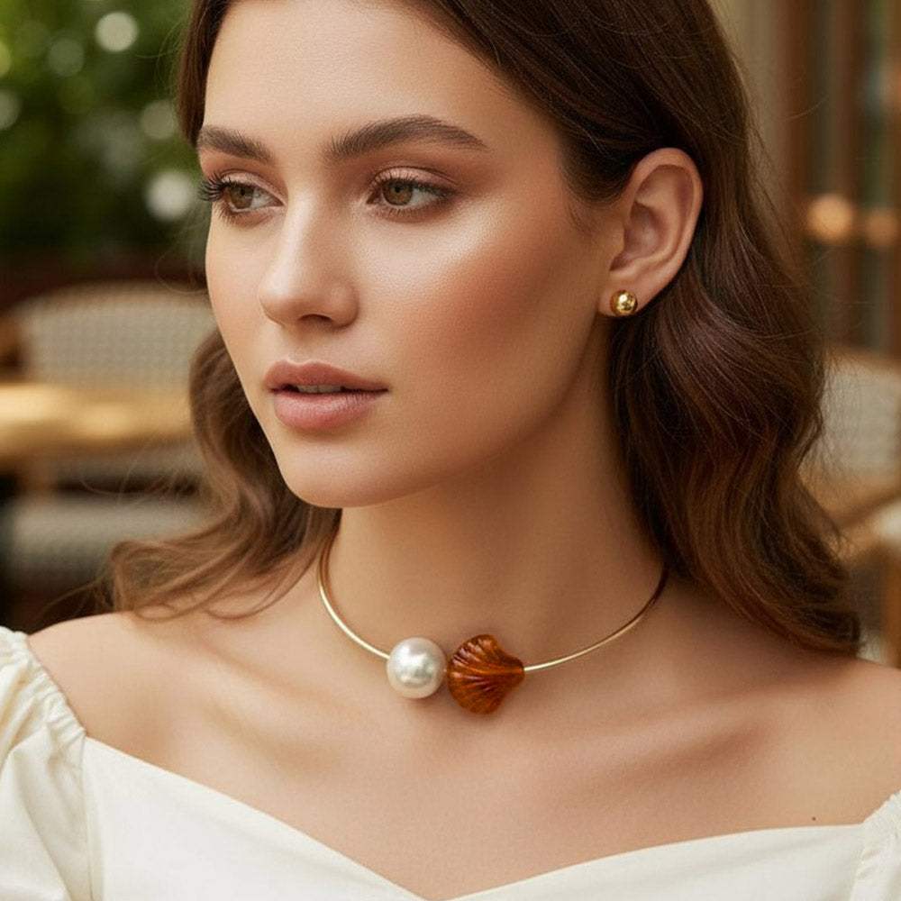 Bold Pearl Resin Seashell Tip Open Bangle Necklace - Madeline Love - Flyclothing LLC