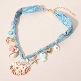 Seashell Starfish Anchor Heart Charm Station Fabric Statement Necklace - Madeline Love - Flyclothing LLC