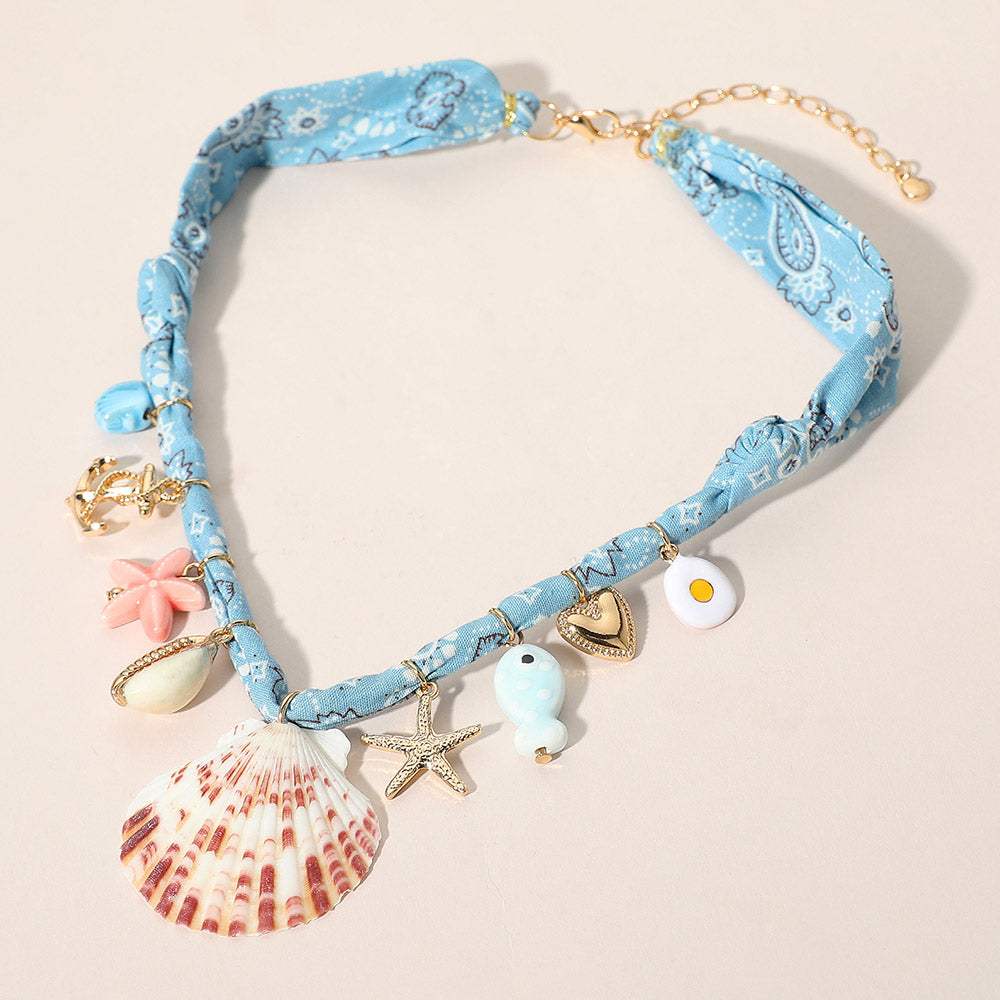 Seashell Starfish Anchor Heart Charm Station Fabric Statement Necklace - Madeline Love - Flyclothing LLC