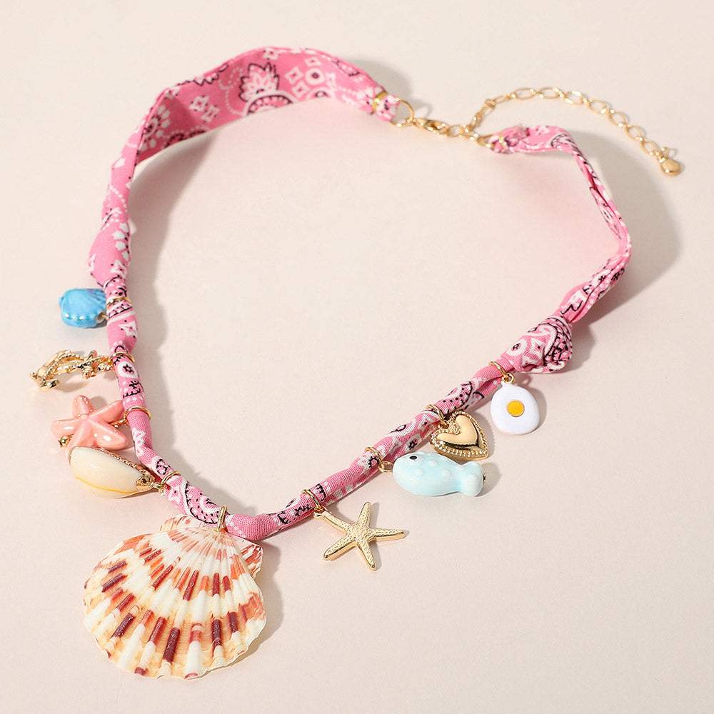 Seashell Starfish Anchor Heart Charm Station Fabric Statement Necklace - Madeline Love - Flyclothing LLC