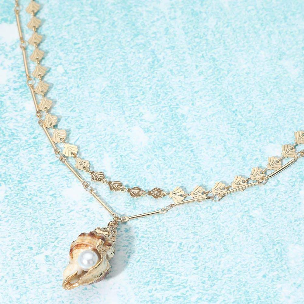 Pearl Accent Shell Pendant Layered Chain Necklace - Madeline Love - Flyclothing LLC