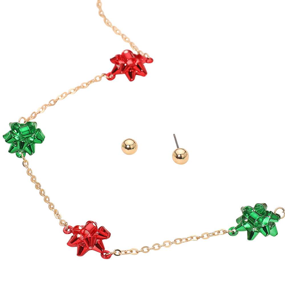 Christmas Gift Bow Charm Link Station Necklace - Madeline Love - Flyclothing LLC