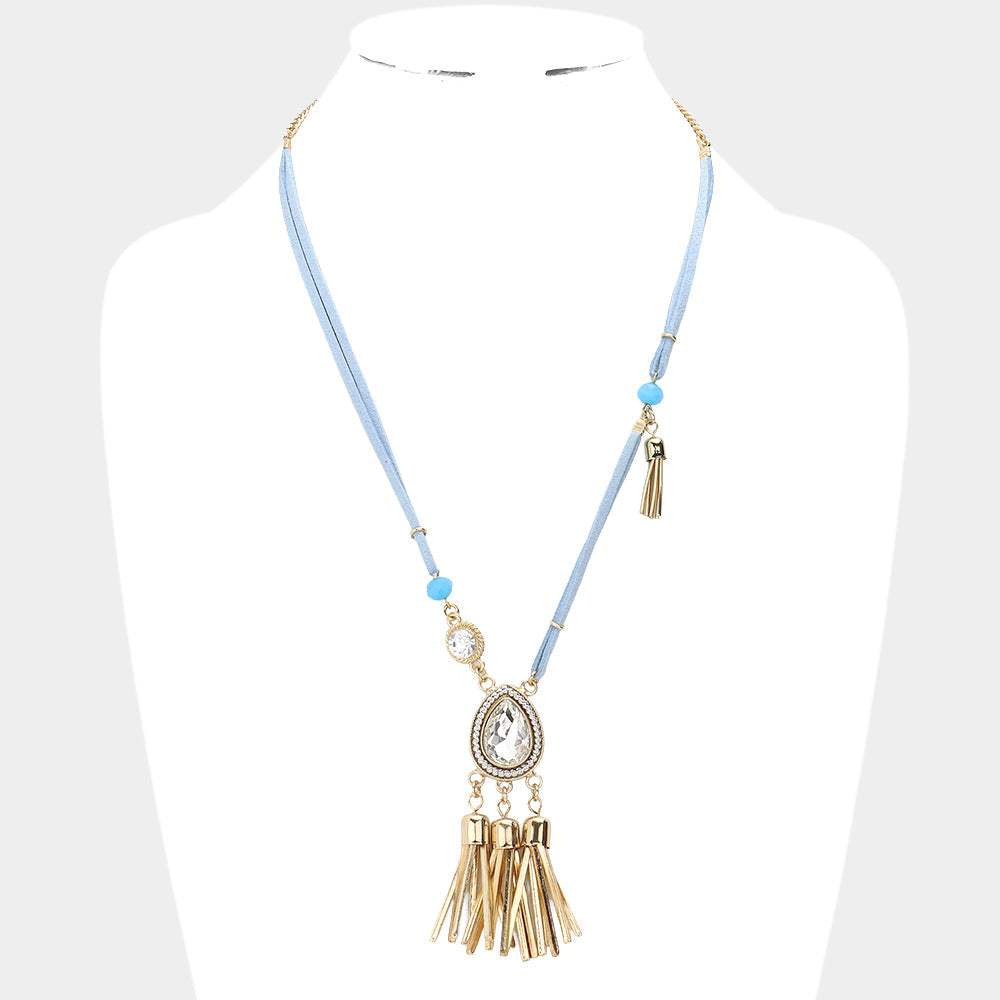 Teardrop Stone Accented Tassel Pendant Necklace - Madeline Love - Flyclothing LLC