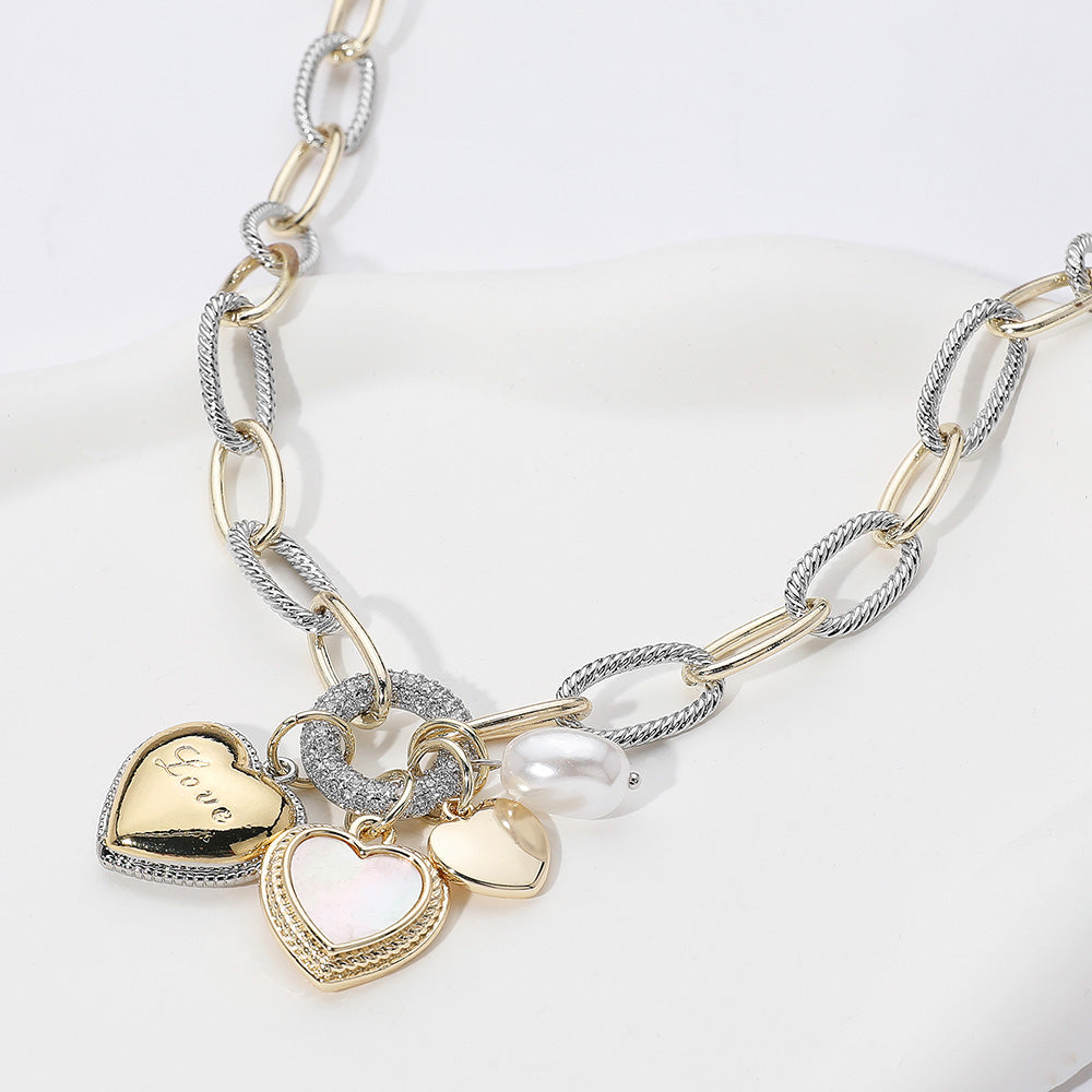Two Tone 14K Gold Plated CZ Stone Paved Ring LOVE Message Engraved Mother of Pearl Heart Pearl Charm Pendant Necklace - Madeline Love - Flyclothing LLC