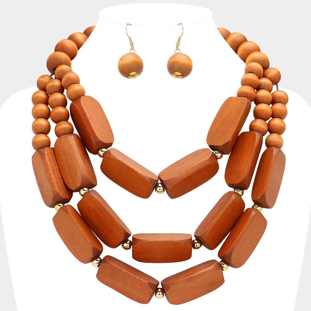 Abstract Wooden Triple Layered Statement Necklace - Madeline Love - Flyclothing LLC