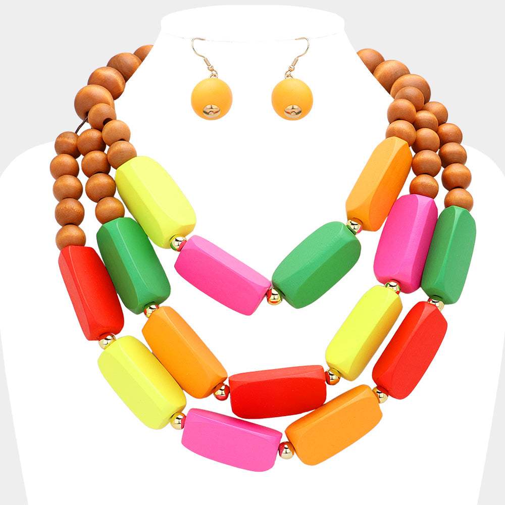 Abstract Wooden Triple Layered Statement Necklace - Madeline Love - Flyclothing LLC