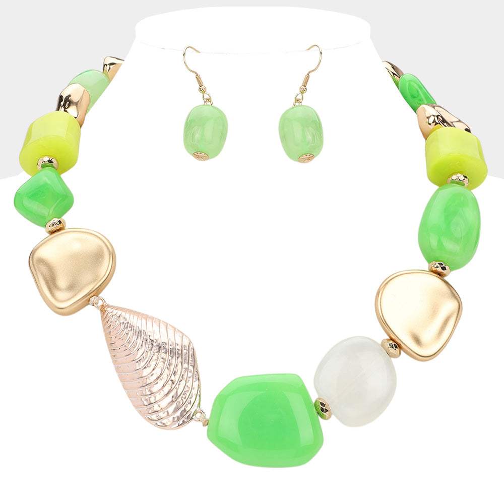 Metal Shell Pointed Resin Pebble Beaded Statement Necklace - Madeline Love - Flyclothing LLC