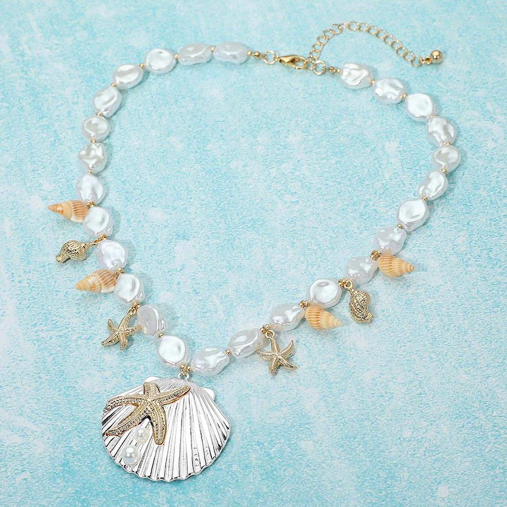 Two Tone Starfish Embossed Seashell Pendant Charm Embellished Pearl Beaded Necklace - Madeline Love - Flyclothing LLC