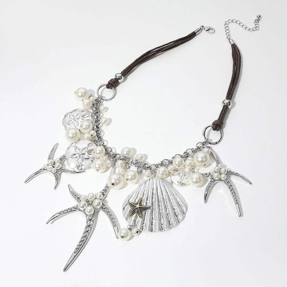 Pearl Embellished Starfish Shell Pendant Beaded Statement Necklace - Madeline Love - Flyclothing LLC