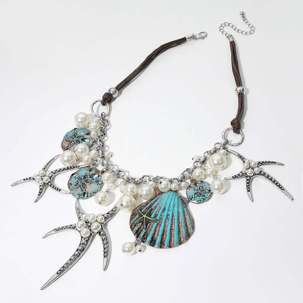 Pearl Embellished Starfish Shell Pendant Beaded Statement Necklace - Madeline Love - Flyclothing LLC