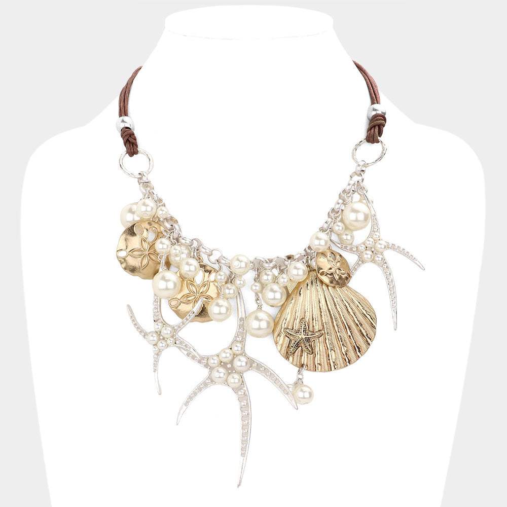 Pearl Embellished Starfish Shell Pendant Beaded Statement Necklace - Madeline Love - Flyclothing LLC