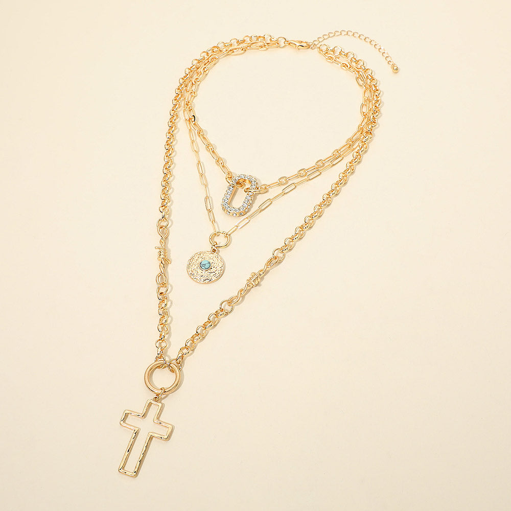 Cross Stone Center Disc Rhinestone Pave Open Oval Pendant Accent Layered Statement Necklace