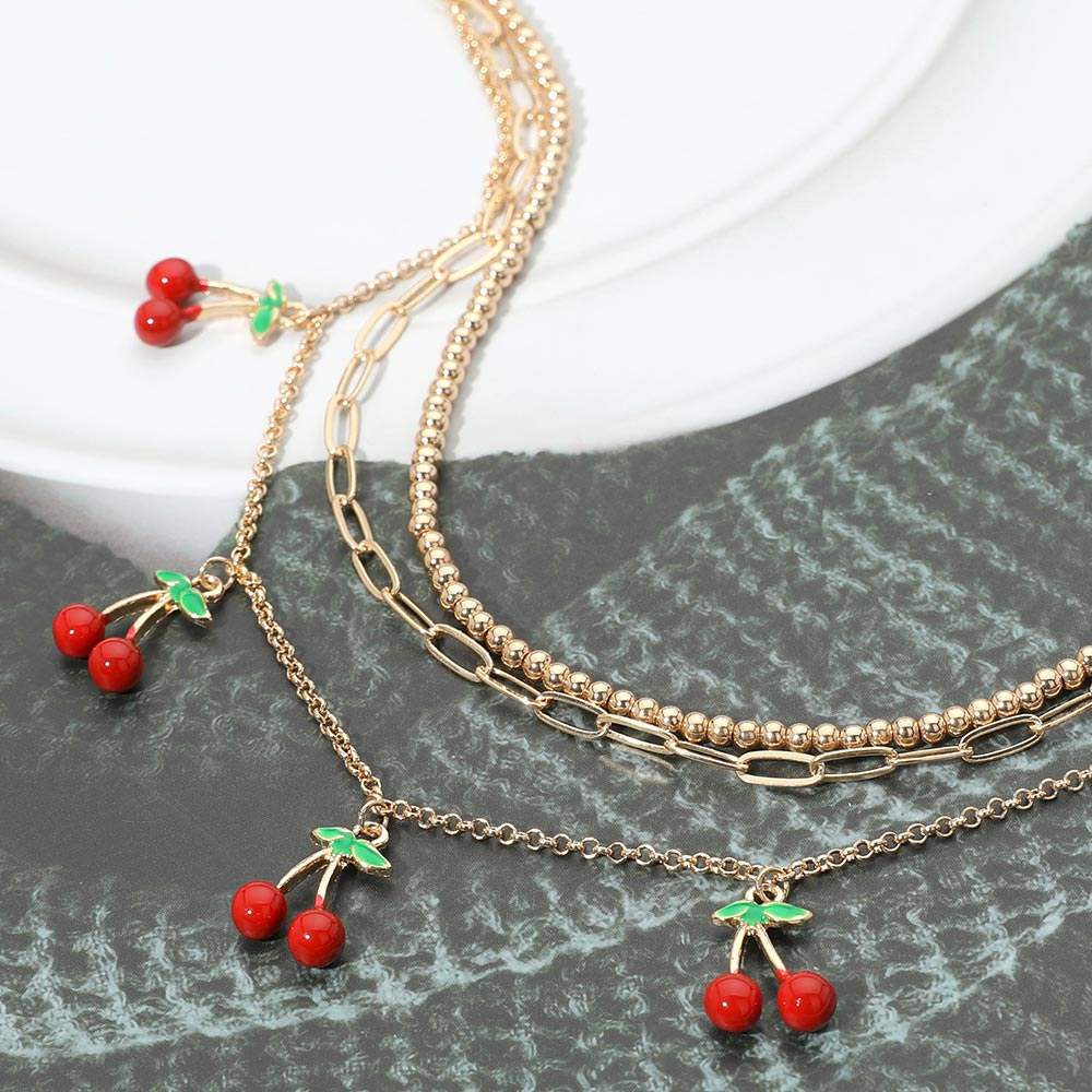 Enamel Cherry Charm Station Layered Necklace - Madeline Love - Flyclothing LLC