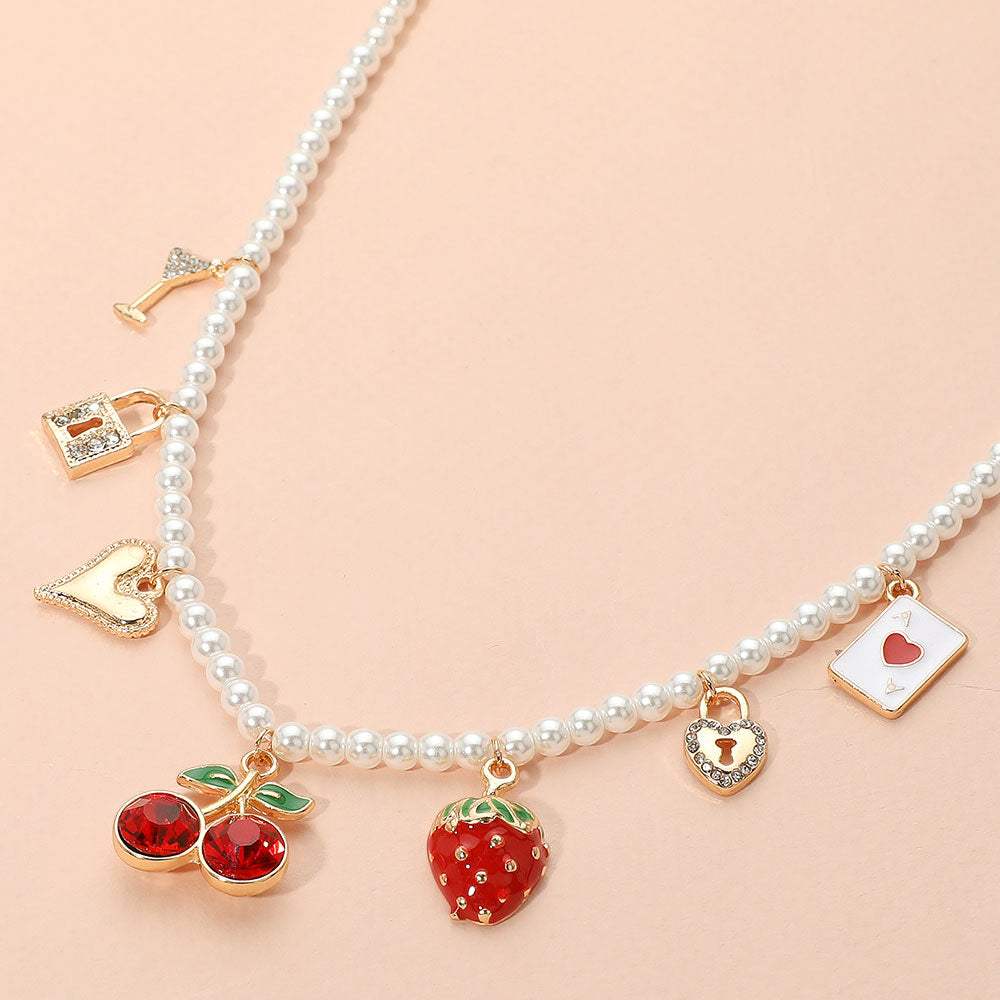 Cherry Strawberry Heart Lock Martini Glass Charm Pearl Beaded Necklace - Madeline Love - Flyclothing LLC