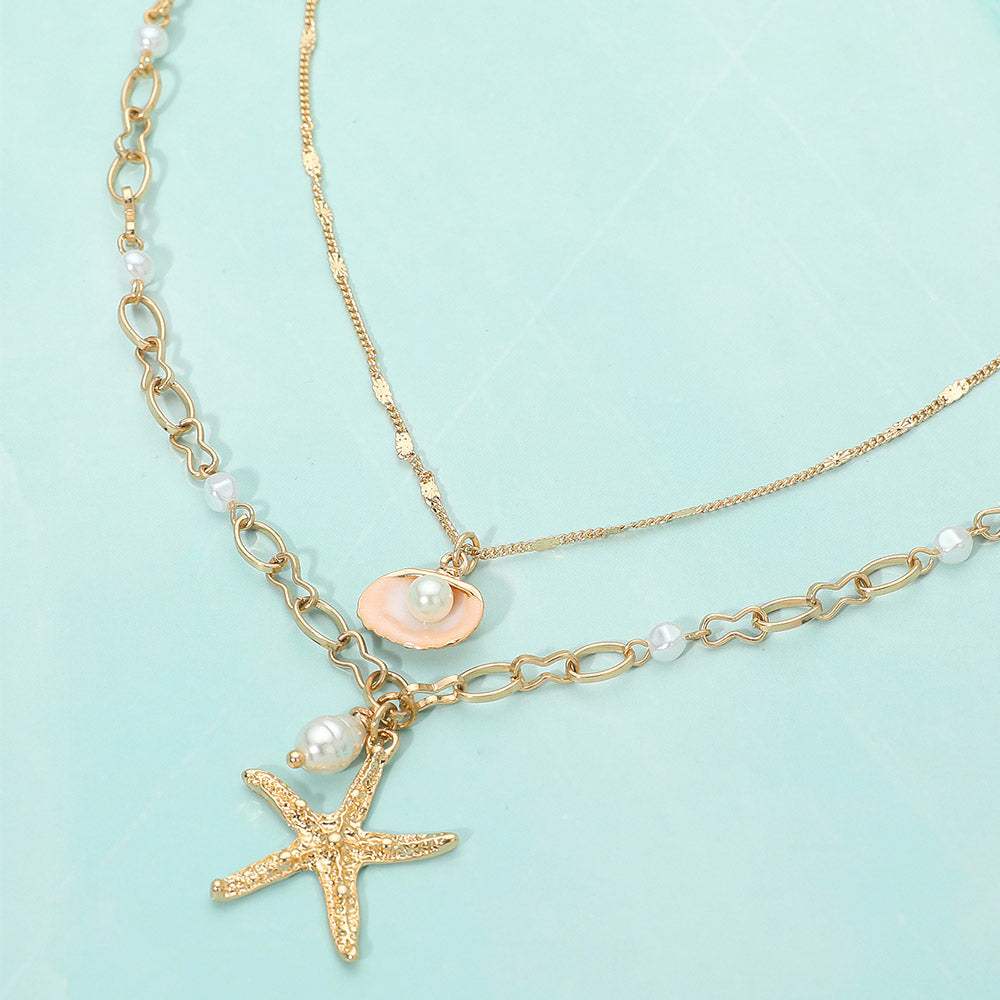 Textured Metal Starfish Pearl Shell Charm Layered Necklace - Madeline Love - Flyclothing LLC